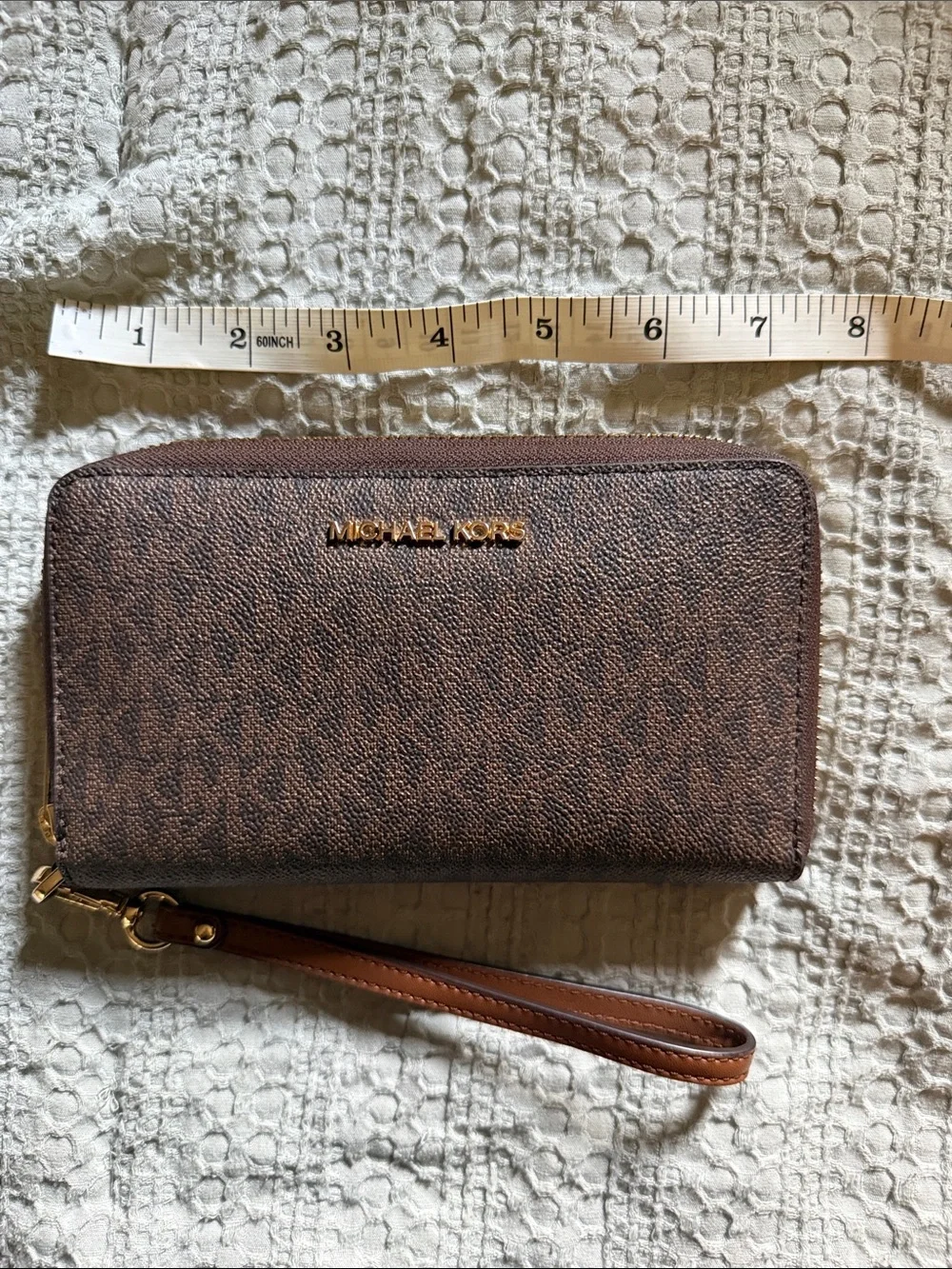 Michael Kors Brown Signature Wristlet Zip Wallet with Gold Logo